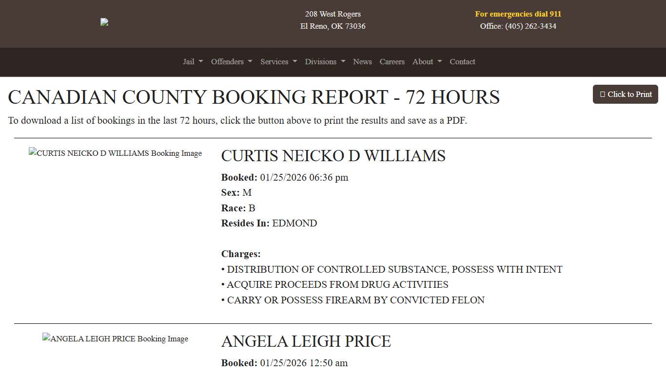 72 Hour Booking Report Canadian County Sheriff's Office