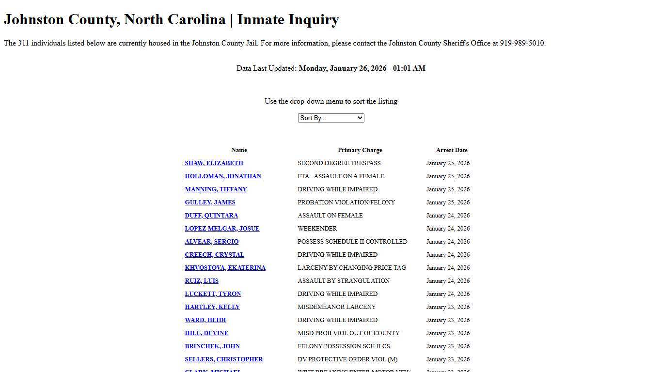 Johnston County, North Carolina Inmate Inquiry